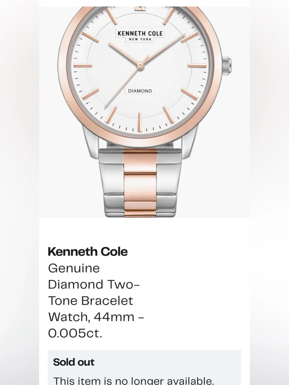 NWT Kenneth Cole Genuine Diamond Two-Tone Bracelet Watch $198 MSRP